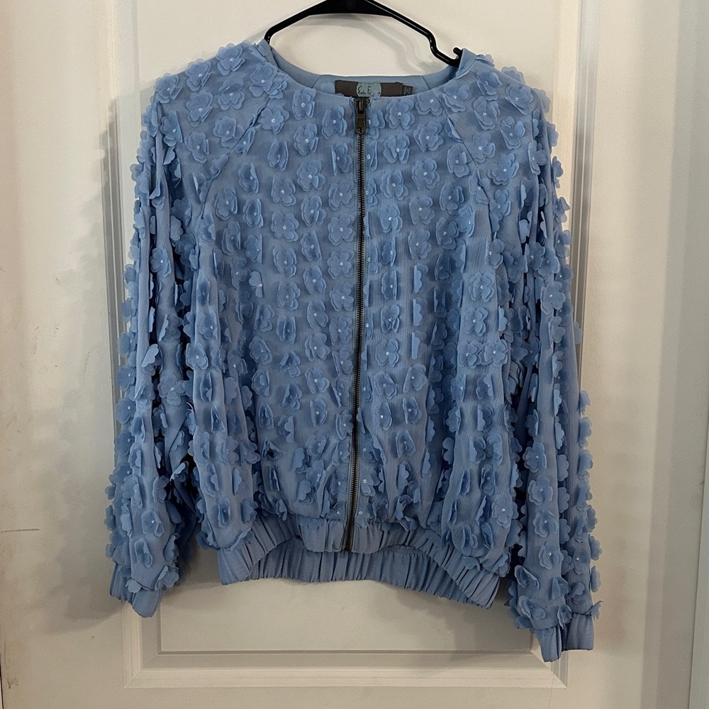 NEW Eva Franco Floral Textured Blue Zip-Up Bomber - Size M